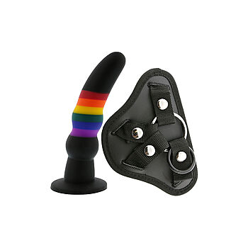 Dream Toys - Strap-on dildo & valjaat, pride-värit, joustava, silikoni, musta, värikäs